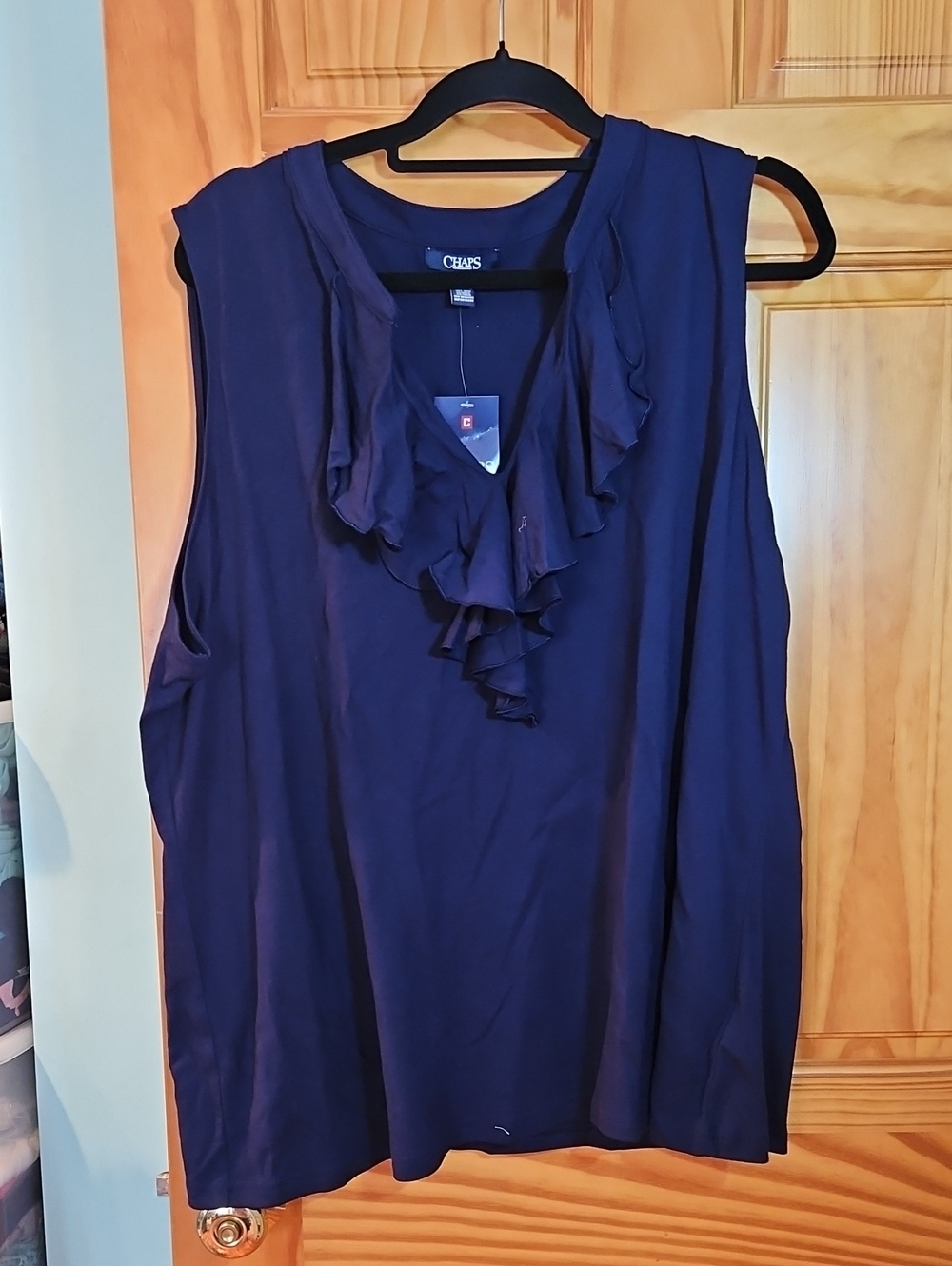 NWT Chaps Navy Ruffle V-Neck Sleeveless Blouse